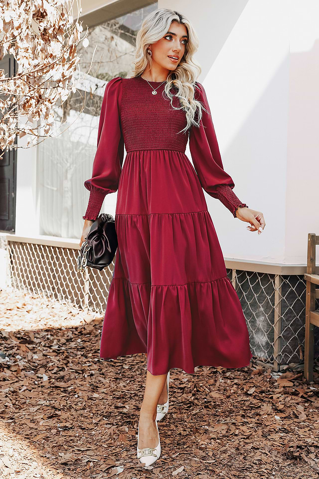red long sleeve smock dress Luna Red Long Sleeve Smocked Dress