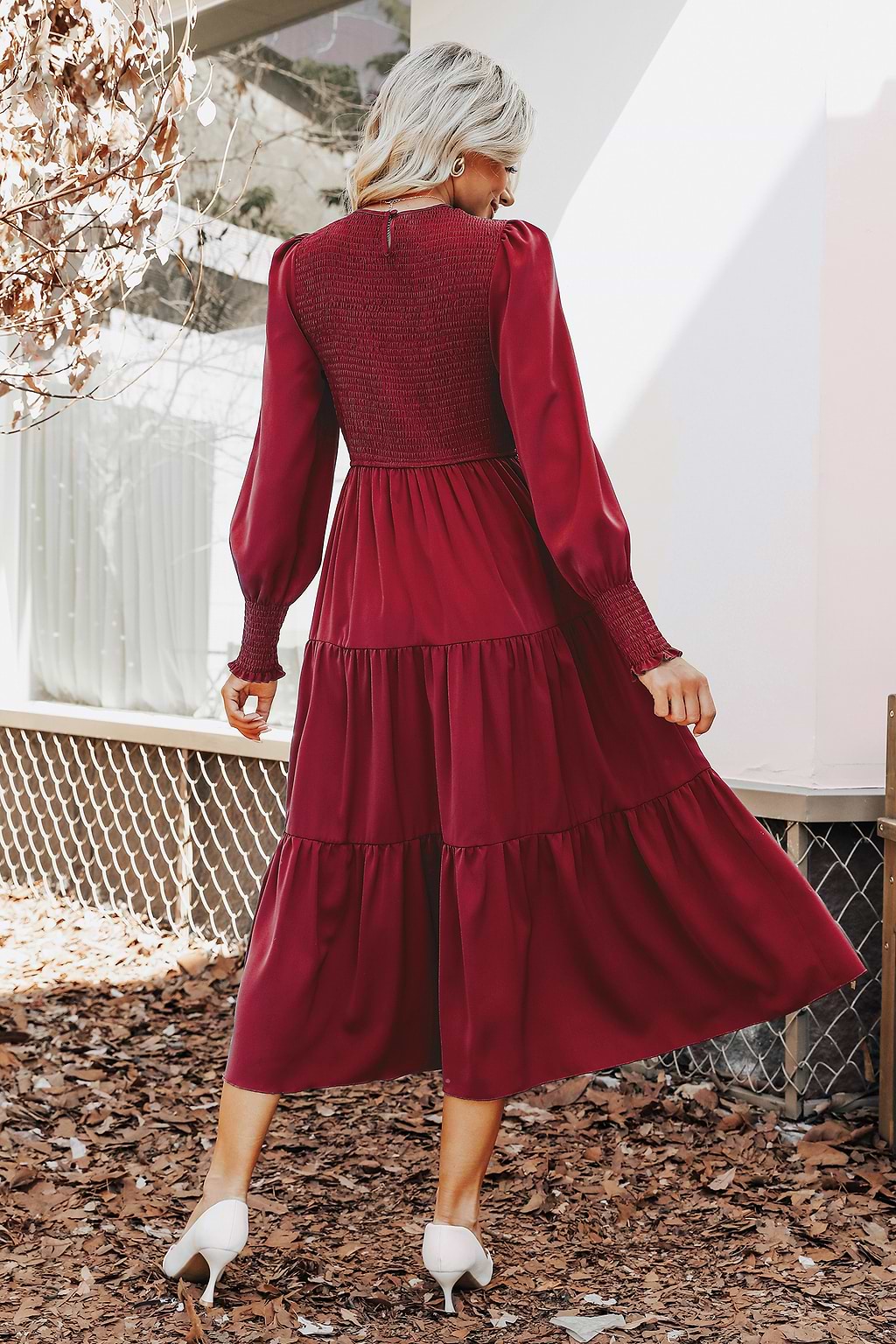 Zona Gigot Sleeve Round Neck Smocking Dress