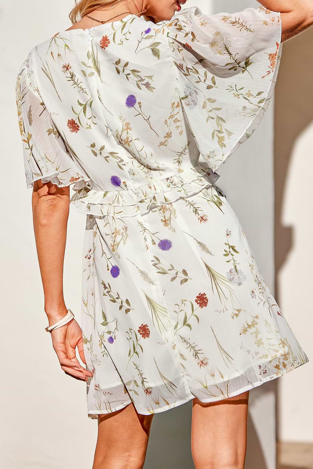 Pearl V-neck Flared Sleeve Mini Dress