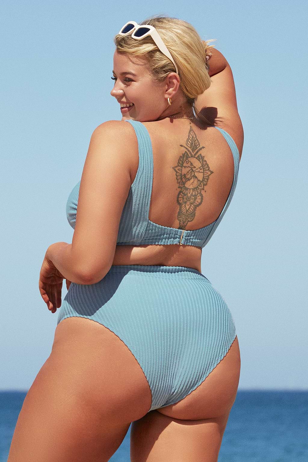 Downy Blue Rib High Waist Plus Size Bikini Bottoms