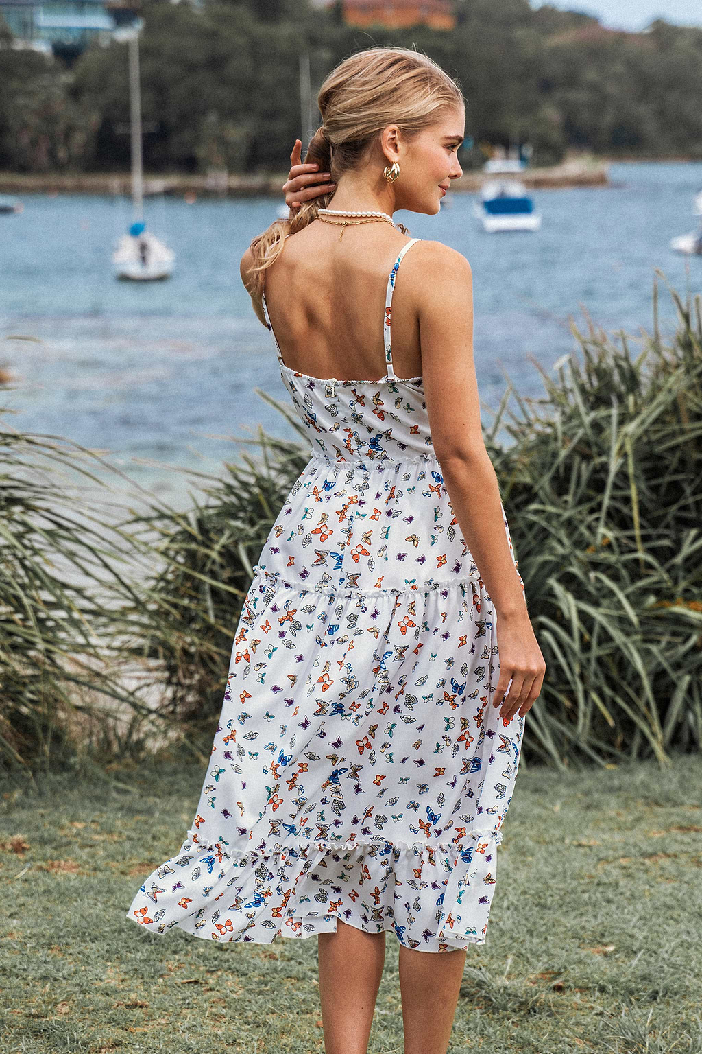 Ansley Butterfly Print Ruffled Maxi Dress