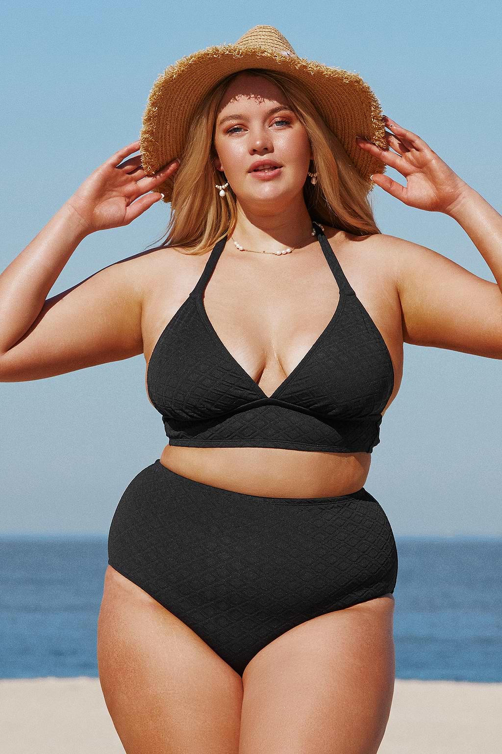 Jacquard Halter Triangle & Retro High Waist Bikini Set