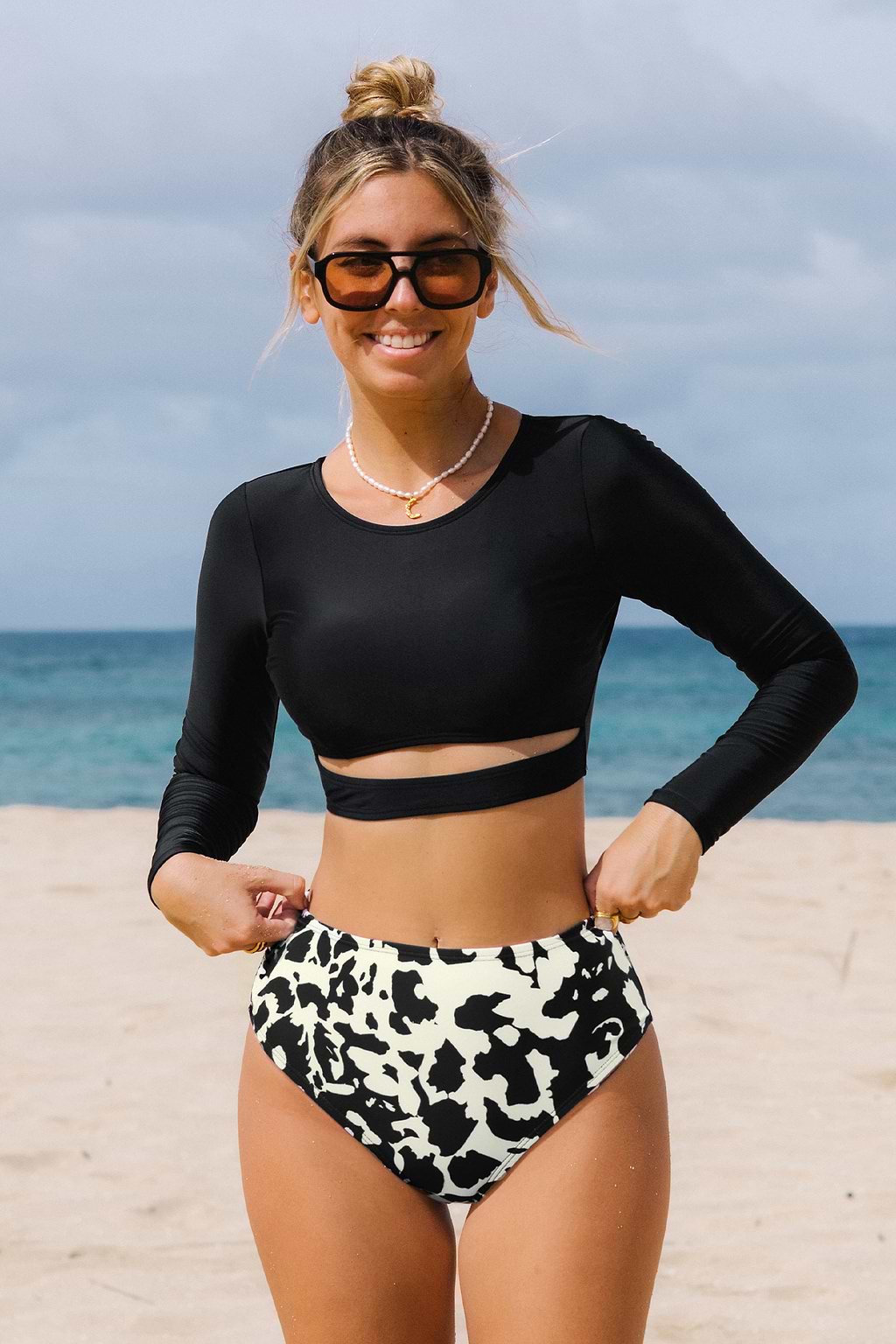 BohoRhapdy Cutout Long Sleeve Rashguard & Classic High Waist Bikini Set