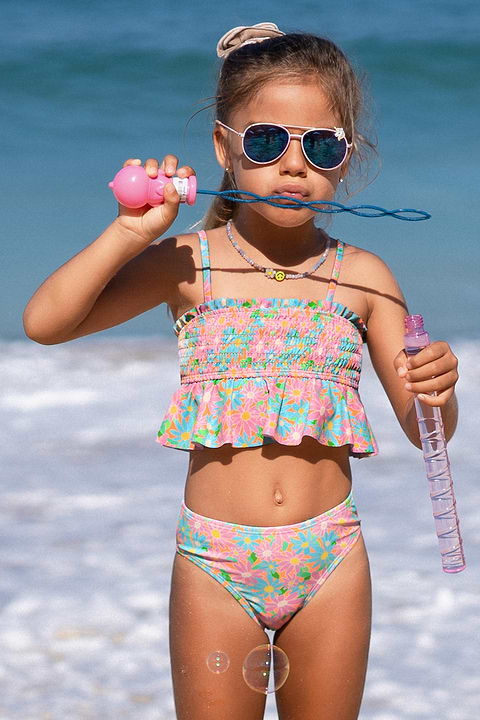 Costume Da Bagno Bambina Tankini Asimmetrico - Bikini Floreale Per Spiaggia E Piscina - Foto 8