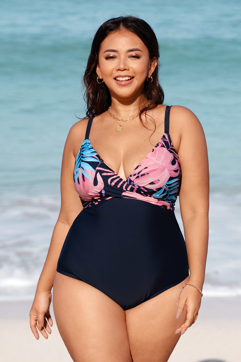 Vapor Wave Wrap Tie Back Plus Size One Piece Swimsuit