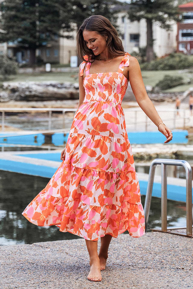 chinese dress ladies Chestnut Floral Print Smocked Bodice Maxi Dress