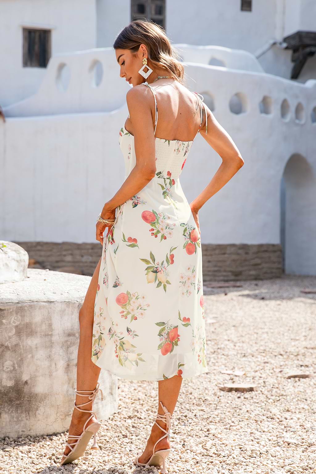 Fruit Print Sweetheart Neck Dress