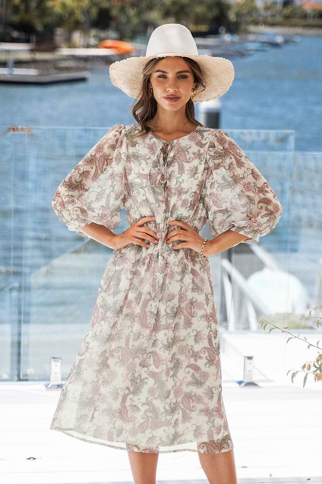 knee length dresses for ladies Elu Floral Print Midi Dress – Tadashi Shoji Official Online Boutique main image 0