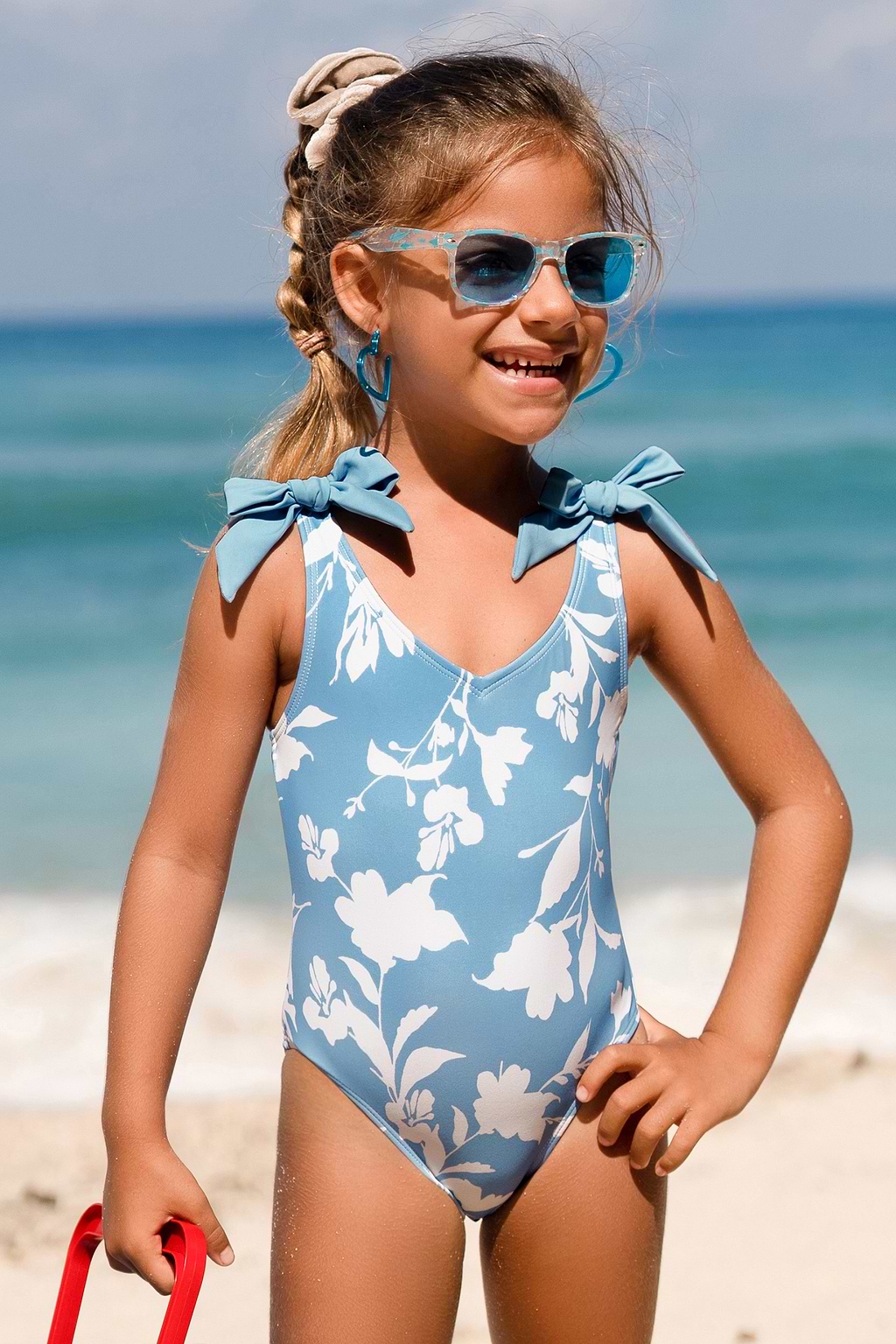 Girls Blue Flower Tie Strap One Piece Swimsuit