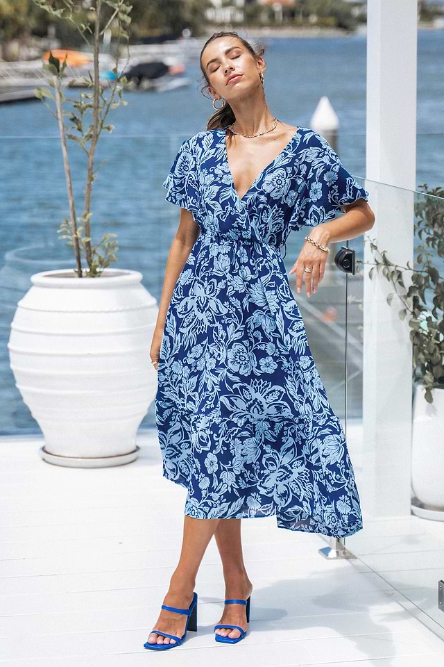 belted floral print midi dress Belted Floral Print Midi Dress
