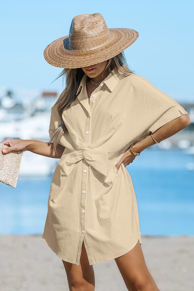white twisted shirt dress Off-White Shirt Dress with Waist Twist Detail