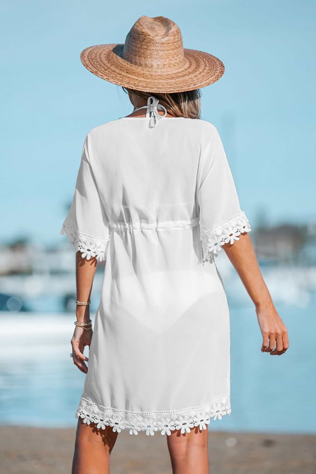 Floral Lace Drawstring Cover-Up Dress