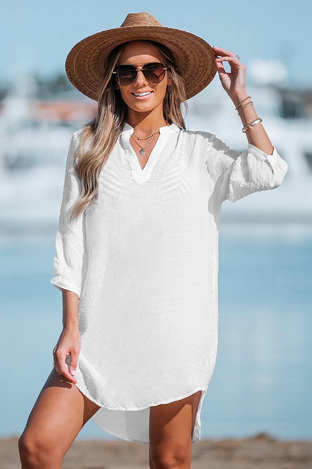 White V-Neck Cover-Up Dress