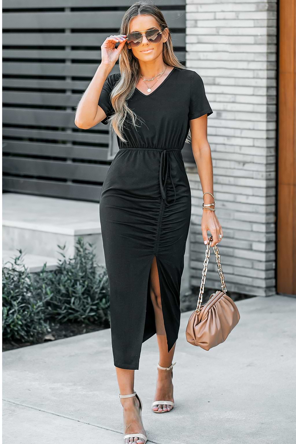 Jersey Knit V-Neck Midi Dress
