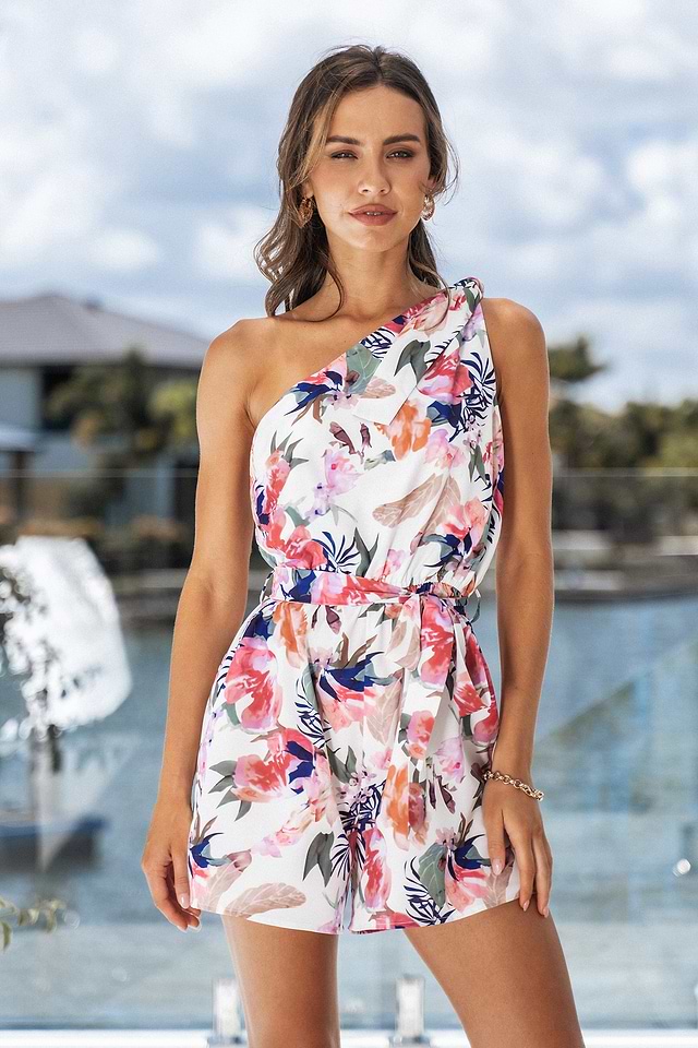 one shoulder romper dress Raelene One-Shoulder Ruffle Romper Pink