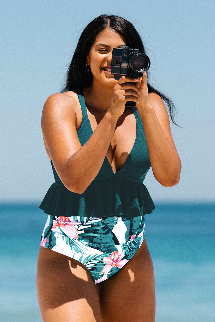 Grüner und floraler Große Größen Bikini mit High waist