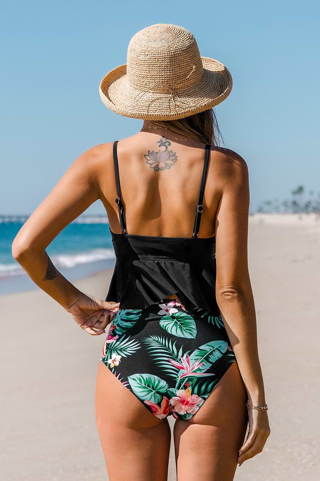 Black Bunny Tie Ruffle Tankini & Starry Daisy Shirred High Waist Set