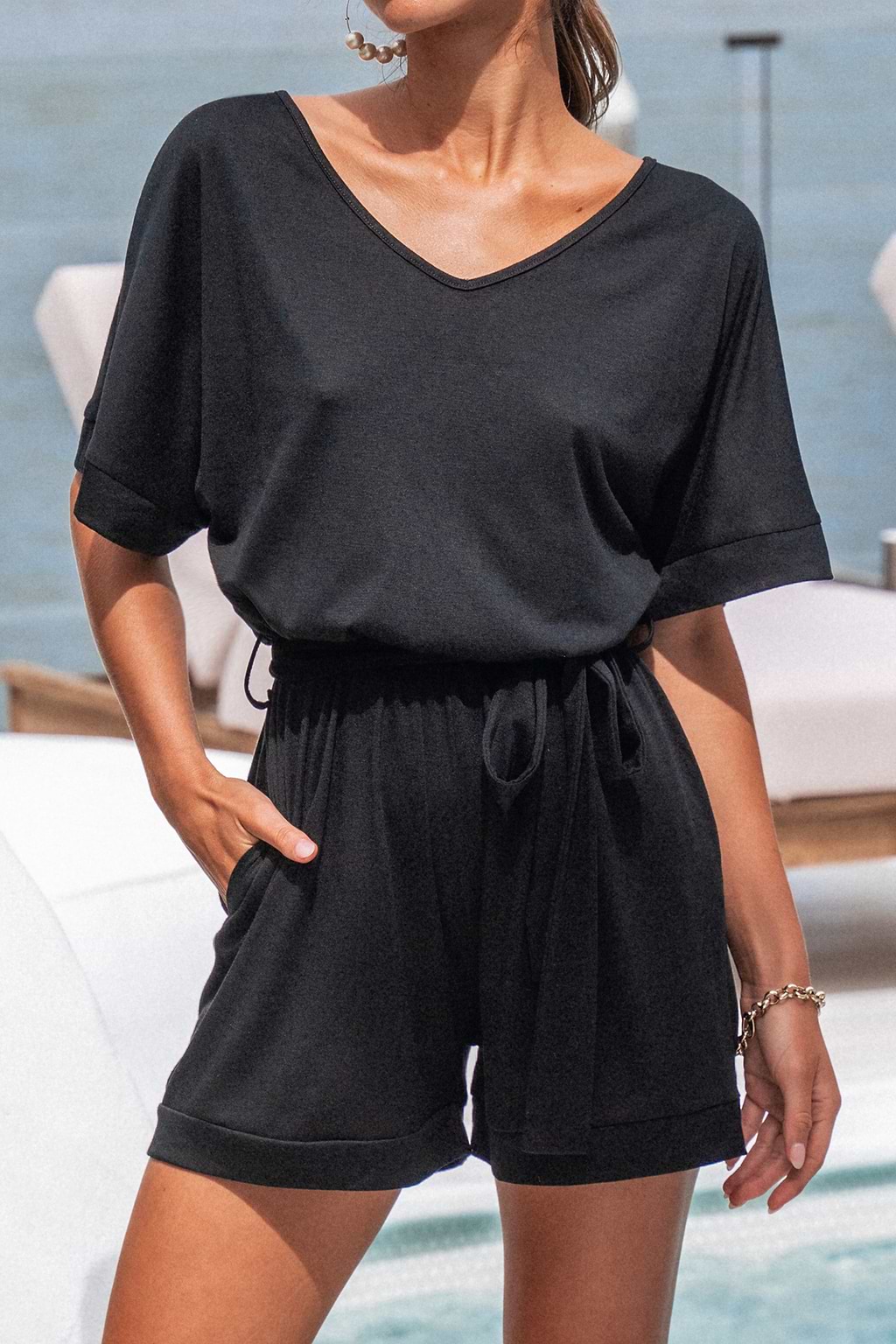 Belted V-Neck Romper