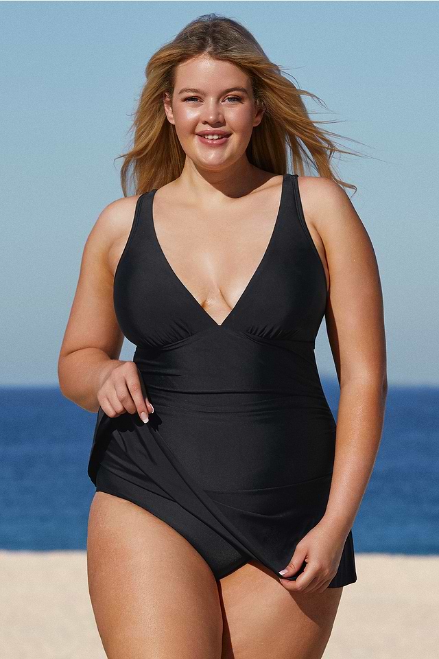 Dreamscapes Shirred V-Neck Plus Size Swim Dress