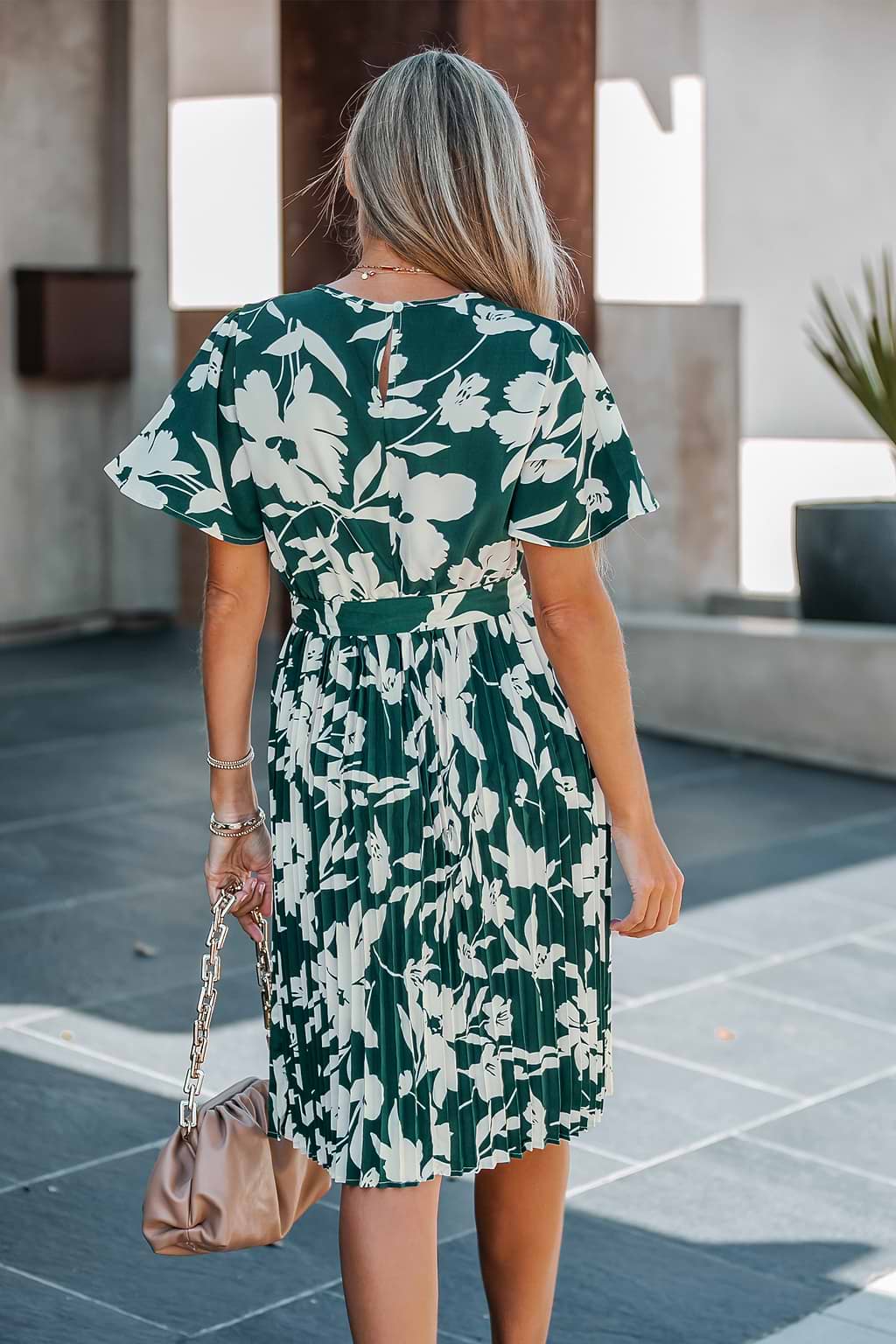 Belted Short Sleeve Floral Print Midi Dress