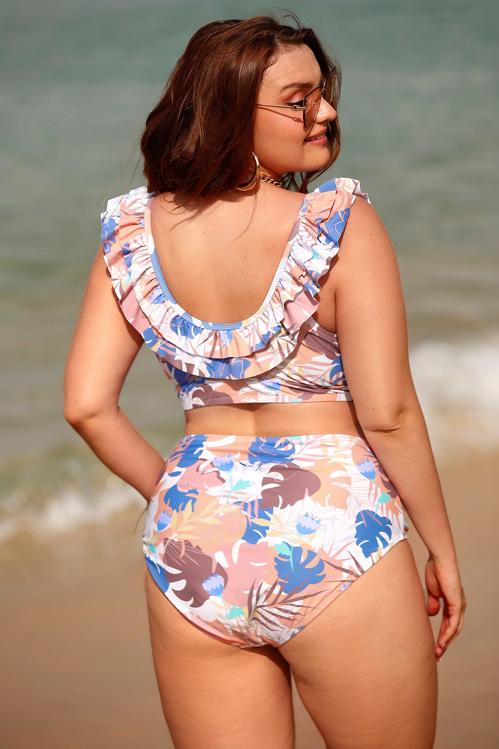 Plus Size Floral Leaf Tank & High Waist Bikini Swimsuit