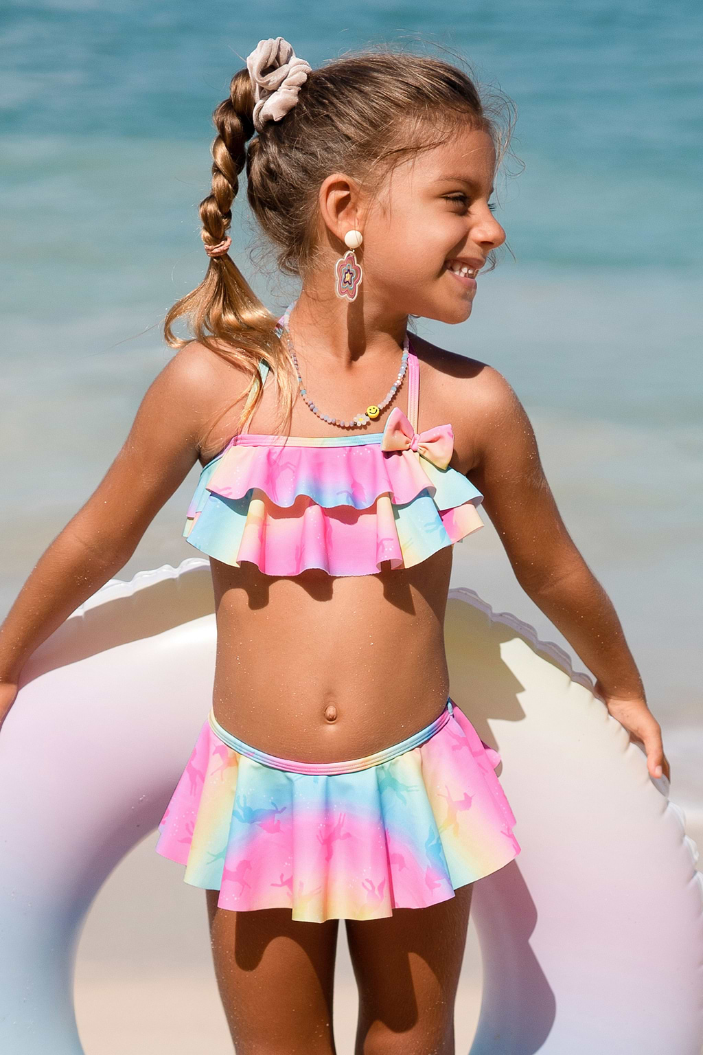 Girls Rainbow Pegasus Ruffled Top & Skirt Bikini Set