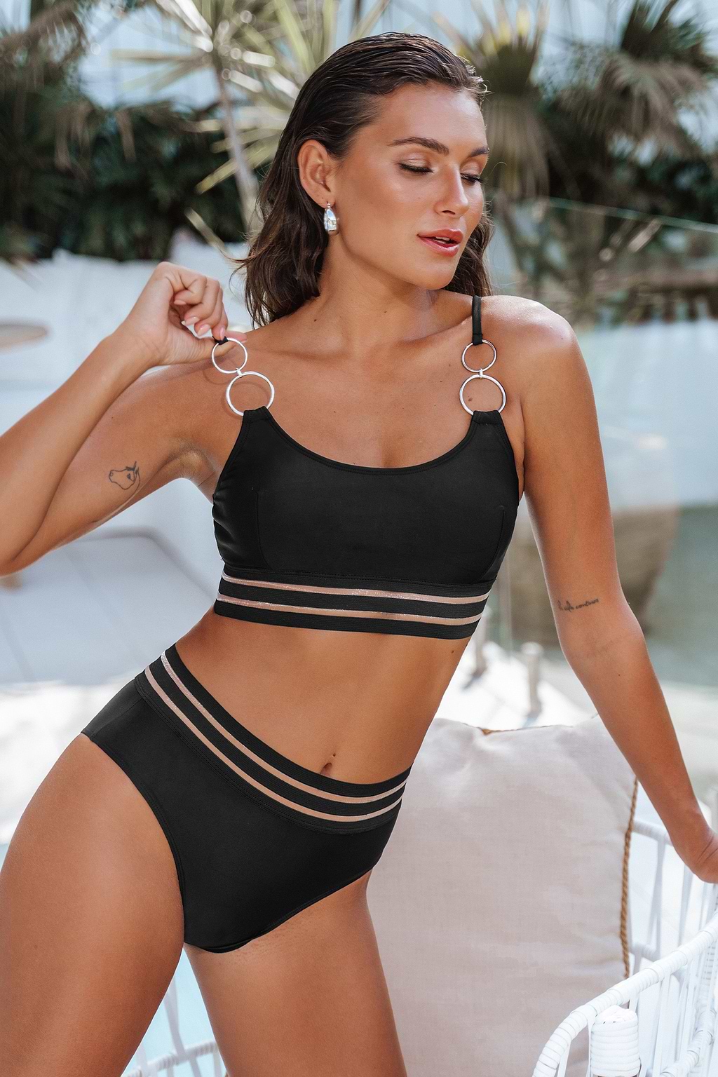 Black O-Ring Cutout Striped Bralette & High Waist Bikini Set