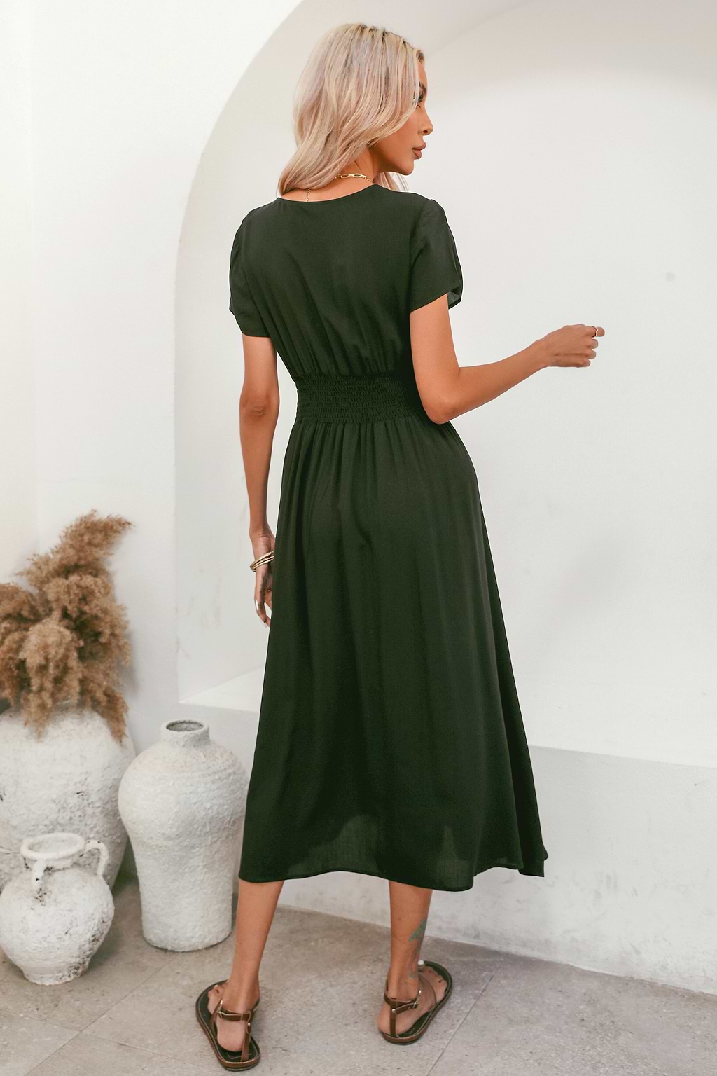 Ruched Leg-Slit Midi Dress