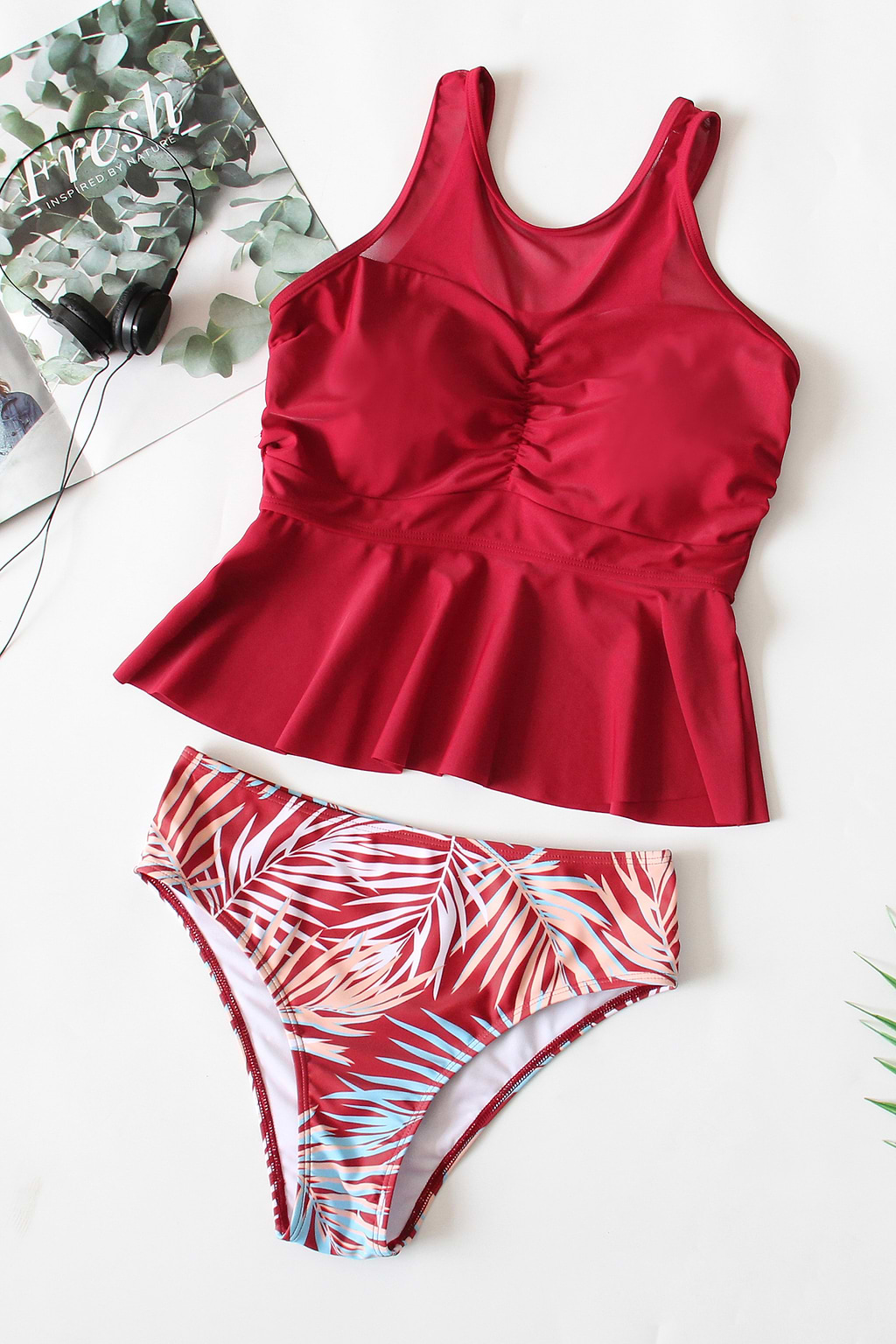 Sheer Mesh Ruched Tankini & Tropical Print Set