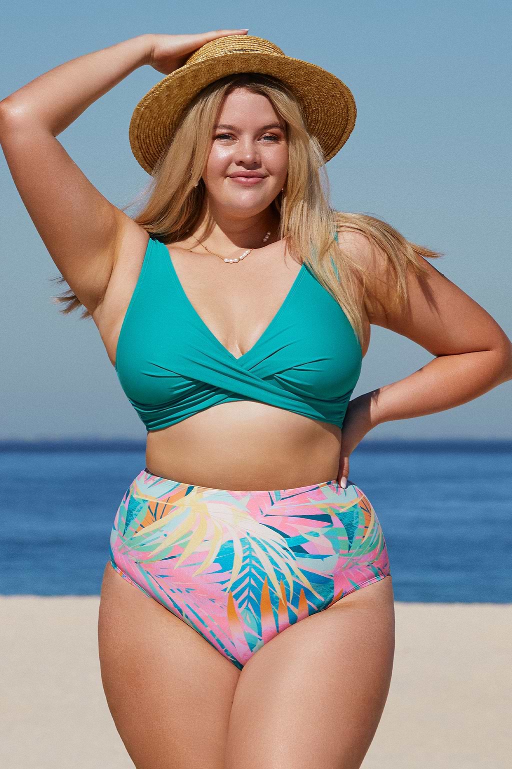 Plus Size Tropical Lace-Up Bralette & Retro Bikini Swimsuit