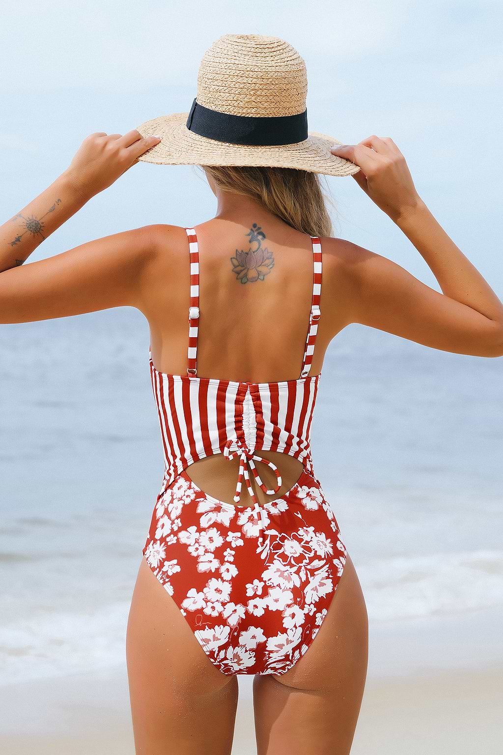 Striped & Floral Ruched Drawstring Red One Piece Swimsuit