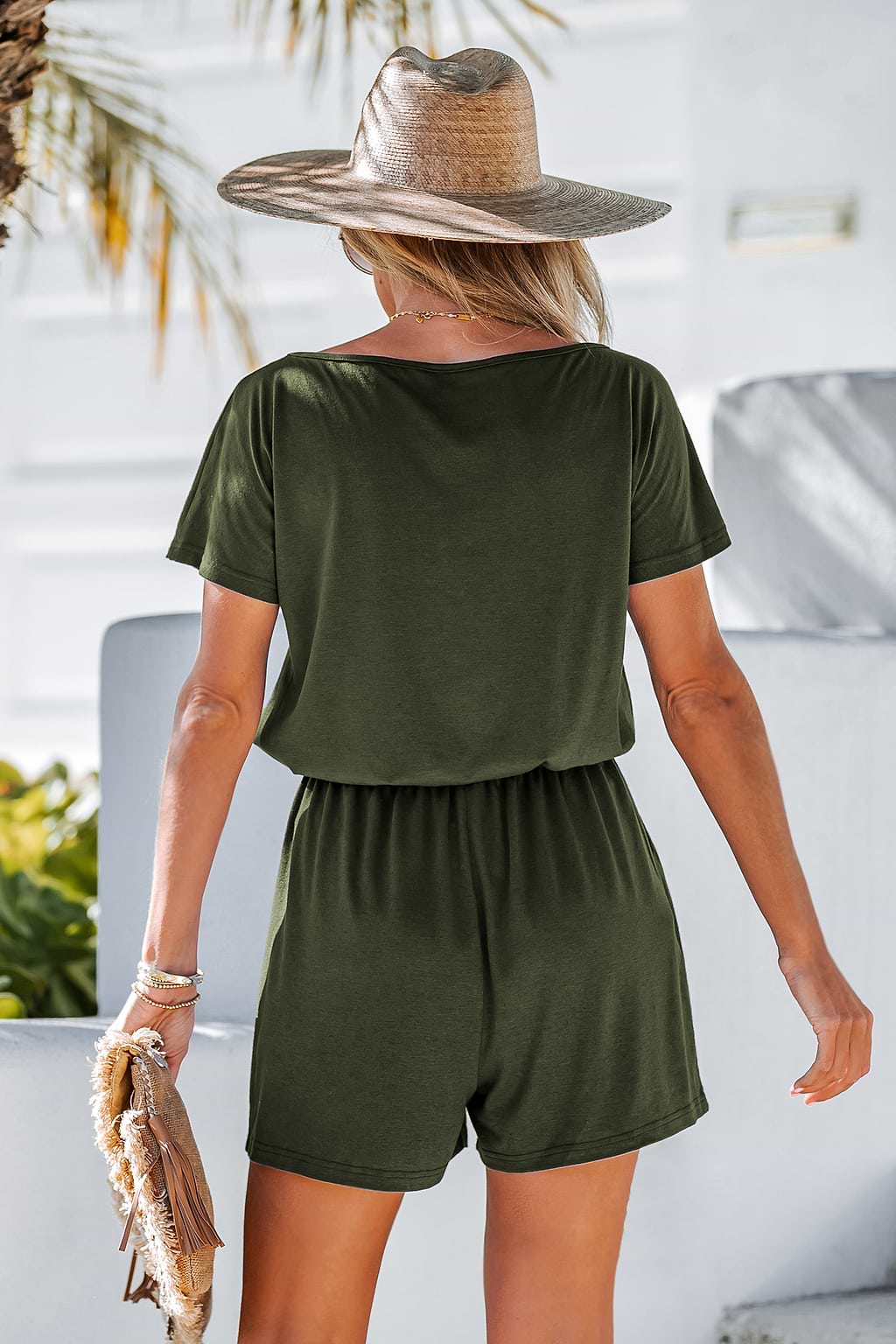 Drawstring Round Neck Romper