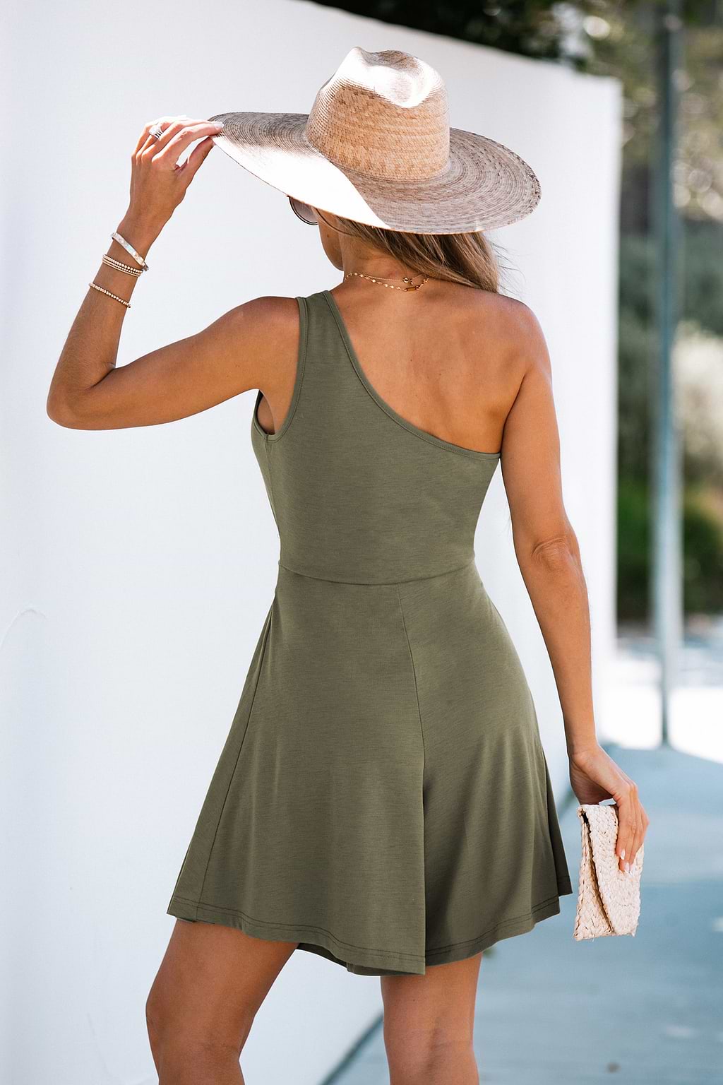 Belted One-Shoulder Flowy Romper