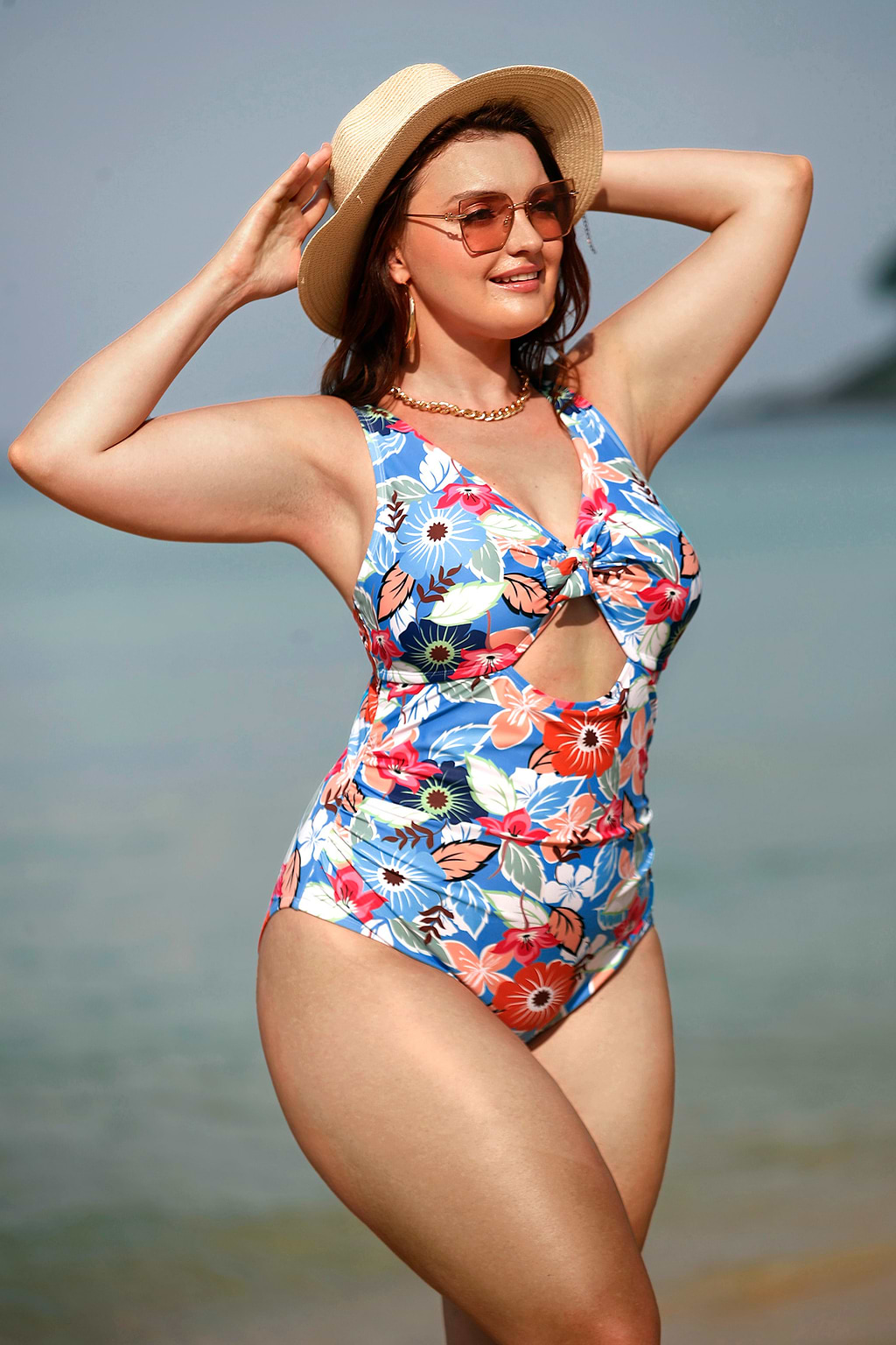 Floral Print Knotted Cutout One Piece Swimsuit