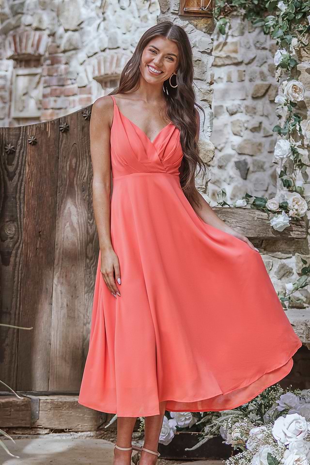 knee length dresses for ladies Dreamylily Women Wedding Guest Semi-Formal Dress Light Blue V-Neck Chiffon  Midi Dress