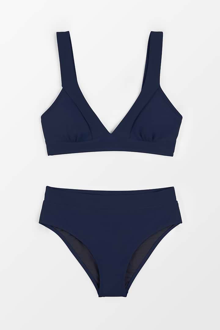 Longline V Neck Bralette & Navy Classic High Waist Bikini Set