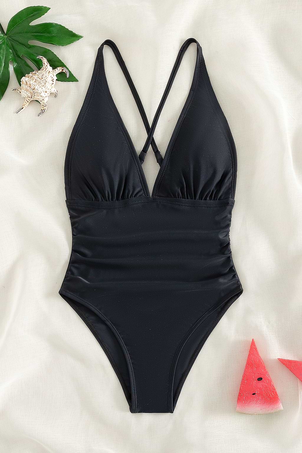 Black Ruched V-Neck One Piece Swimsuit
