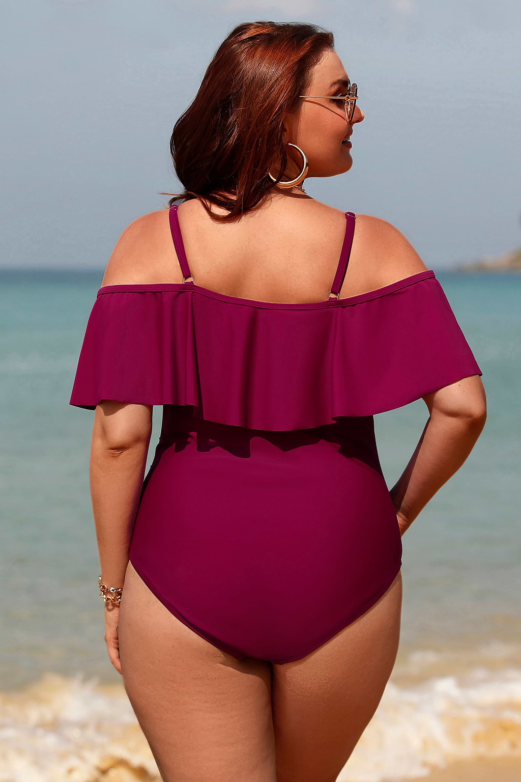 Flounce Open-Shoulder Plus Size One Piece Swimsuit
