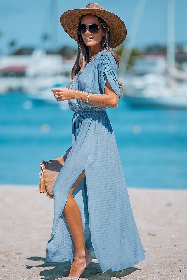 Surplice Neck Leg-Slit Maxi Dress