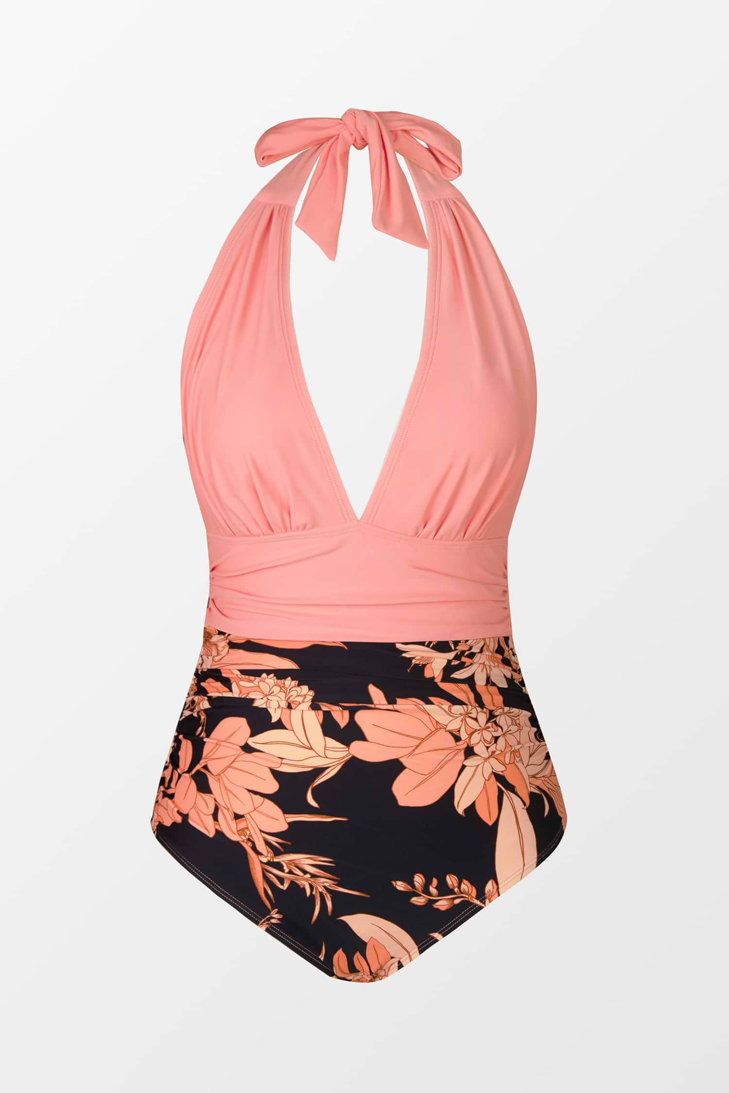 Havana Tropical Plunge Halter Ruched One Piece Swimsuit