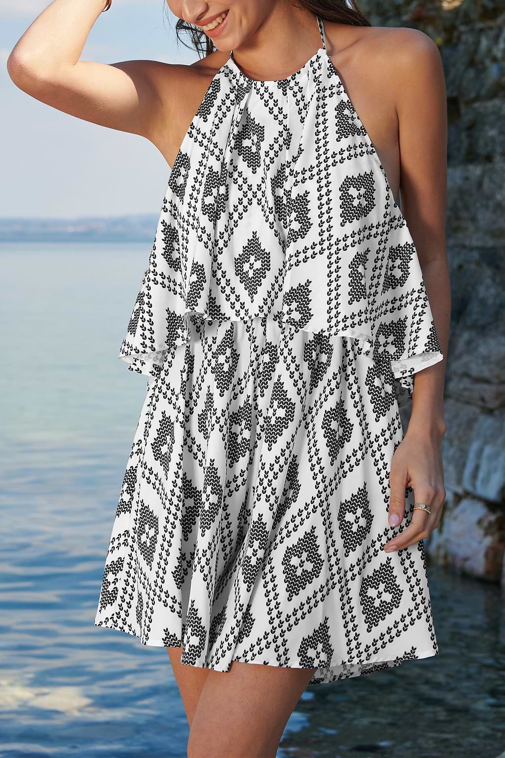 Geo Print Flounce Halter Playsuit