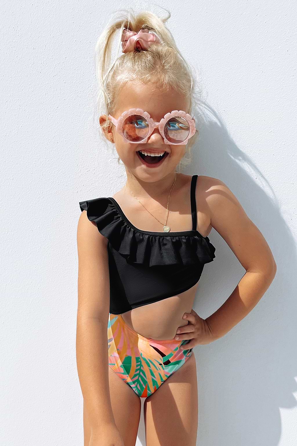 Girls Tropical Palm Reader Cutout Ruffled One Piece Swimsuit