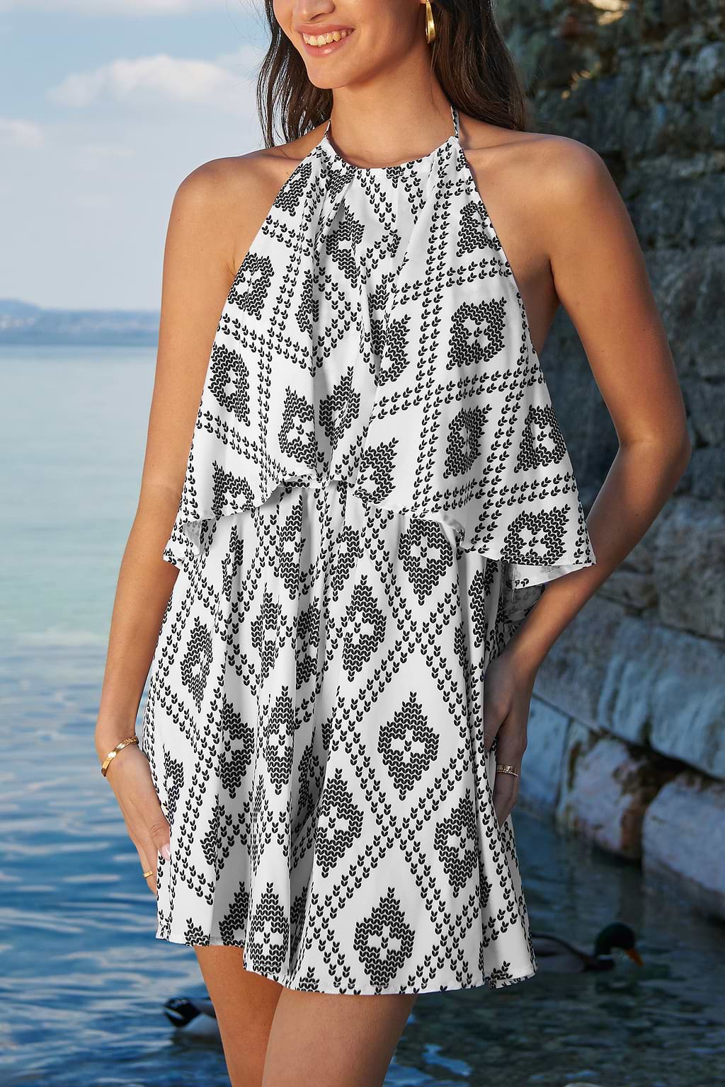 Geo Print Flounce Halter Playsuit