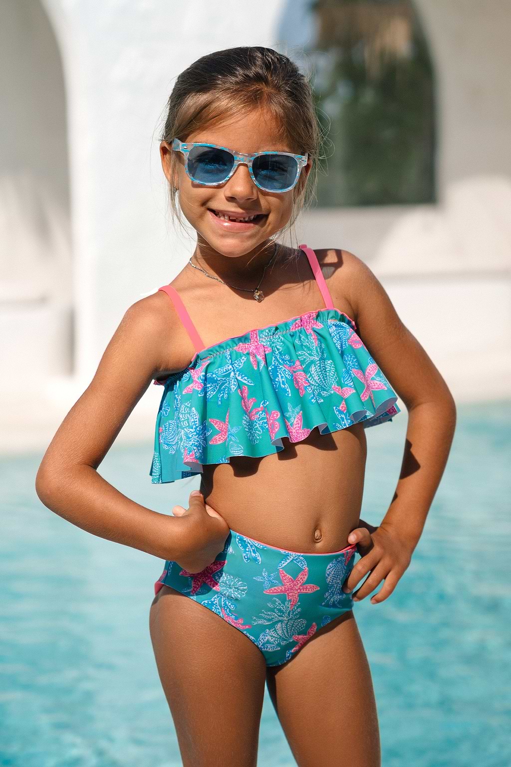 Girls Nautical Starfish Ruffled Top & Reversible Bikini Set