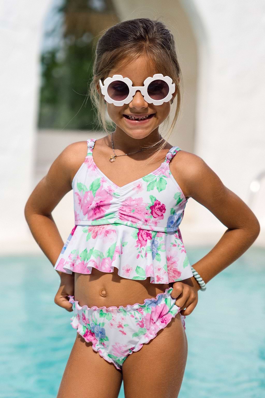 Conjunto Niña Tankini Escote V Volantes Floral & Ribete Lechuga
