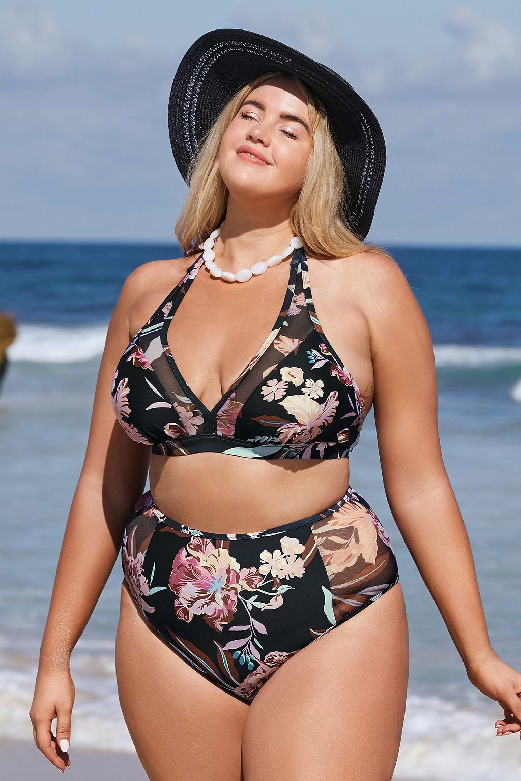 Hot Tropics Black Mesh Halter Top & High Waist Plus Size Bikini Set