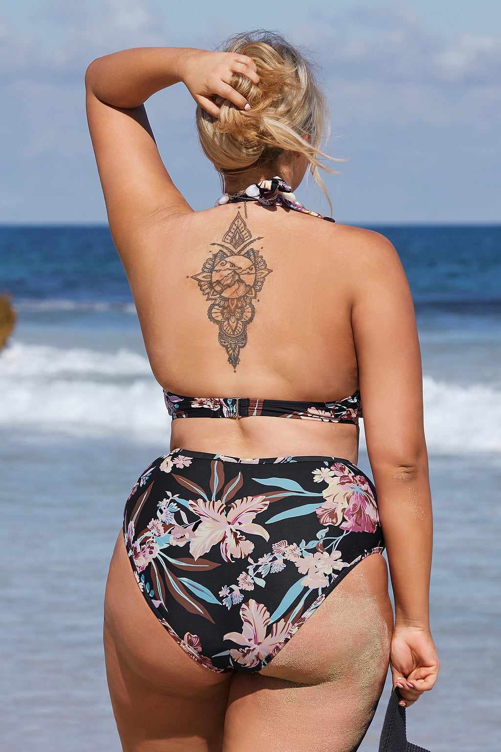 Hot Tropics Black Mesh Halter Top & High Waist Plus Size Bikini Set