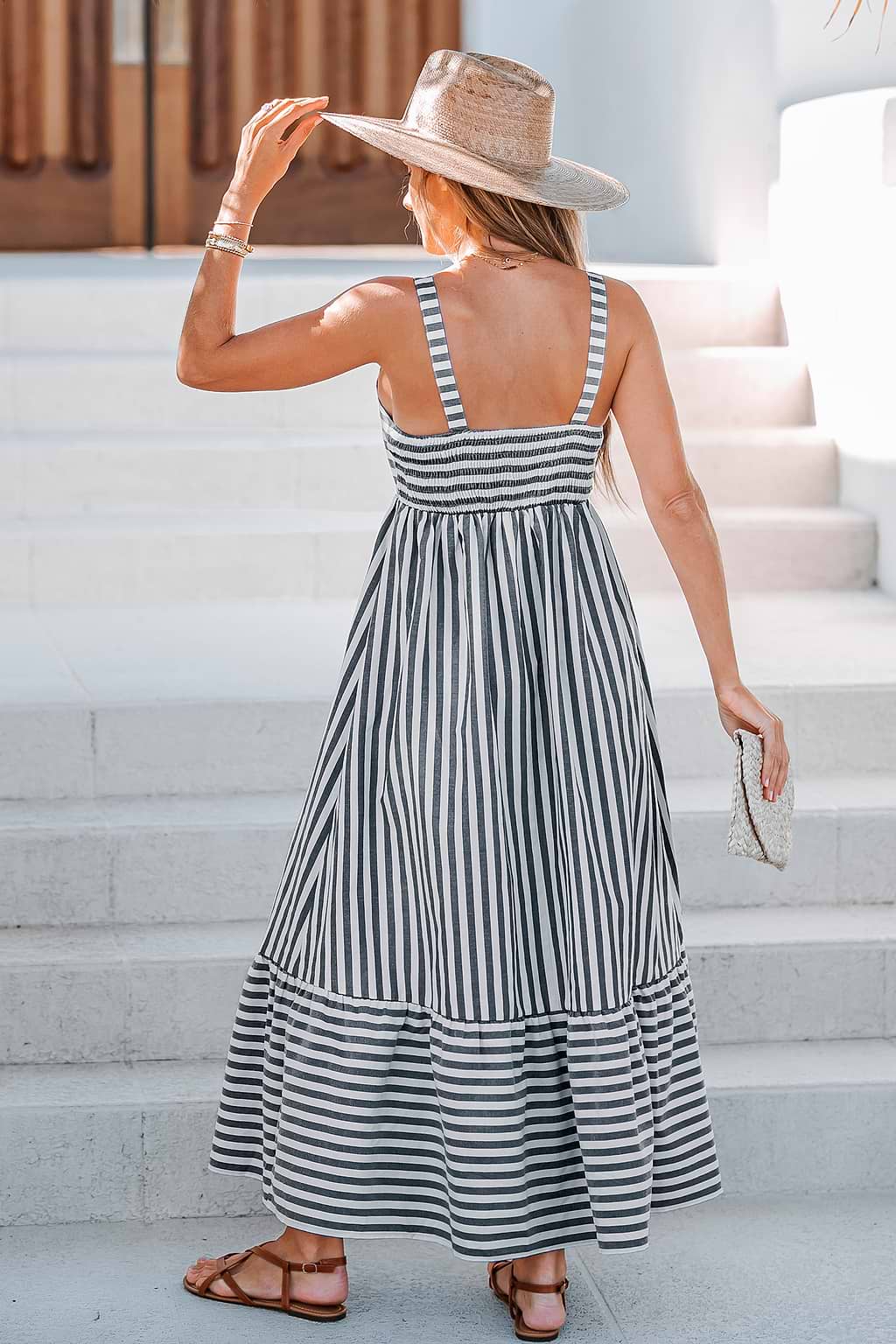 Striped Ruched Maxi Slip Dress