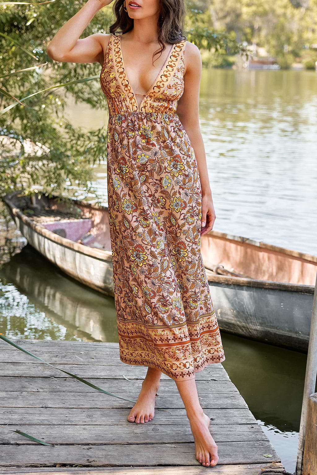 Vacation V Neck Paisley Print Maxi Dress