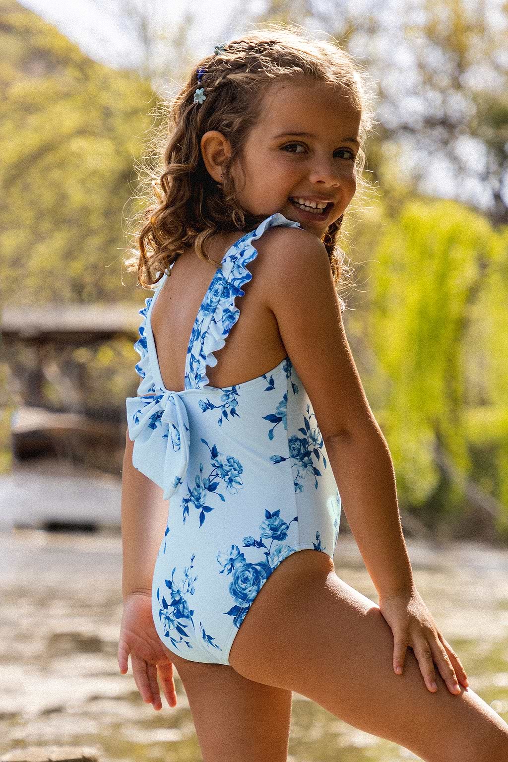 Girls Midnight Rose Ruffled Bow One Piece Swimsuit